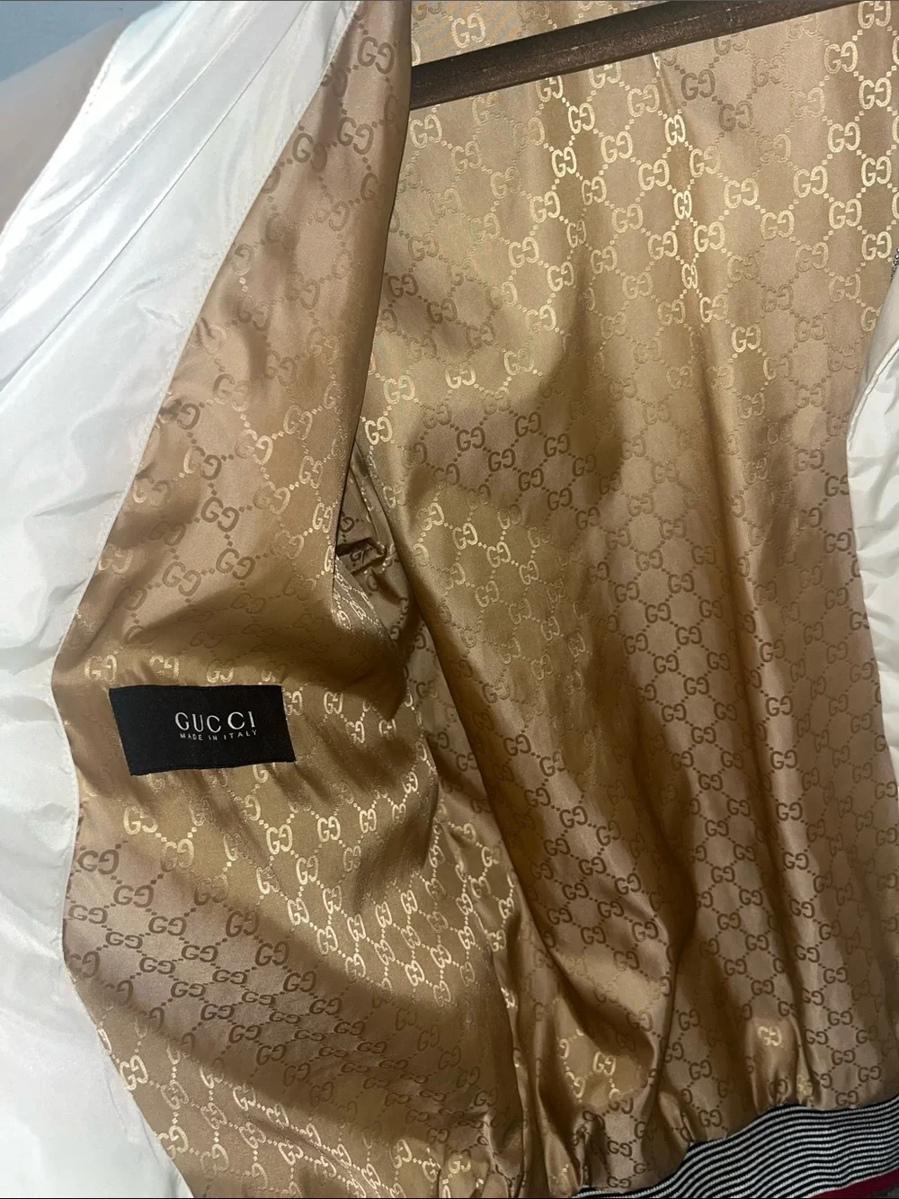 Gucci White Bomber Jacket with Navy-Striped and Red Trim